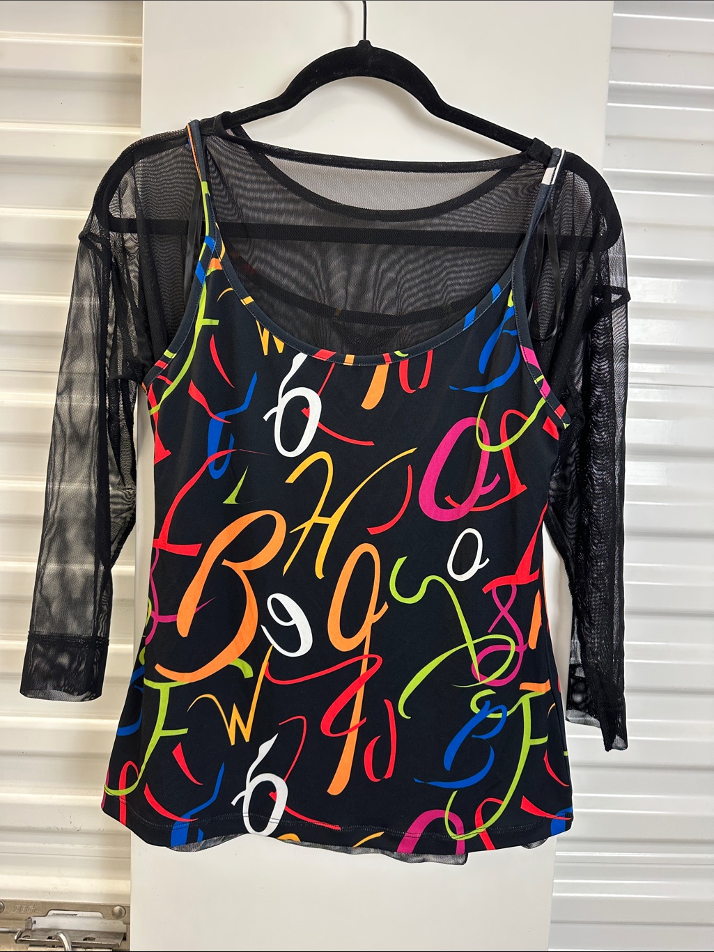 Charlie B Black Mesh Top Featuring A Colorful Abstract Tank